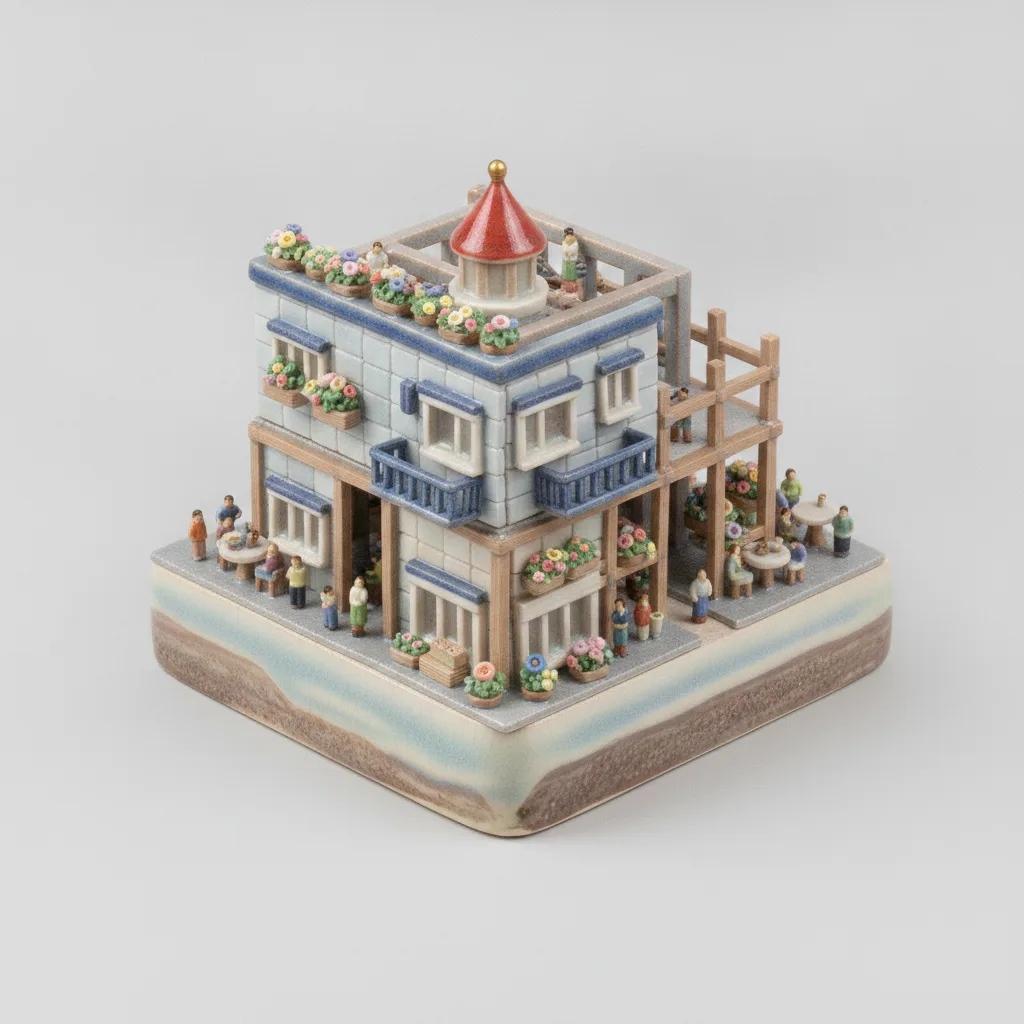 A Porcelain Terrace with a Red Parasol