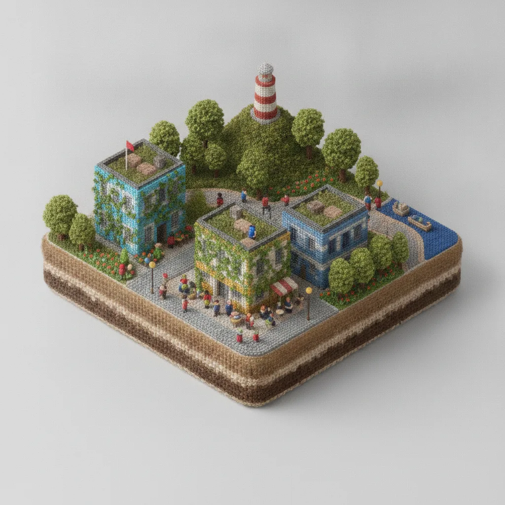 A Stitched Town Beneath a Lighthouse